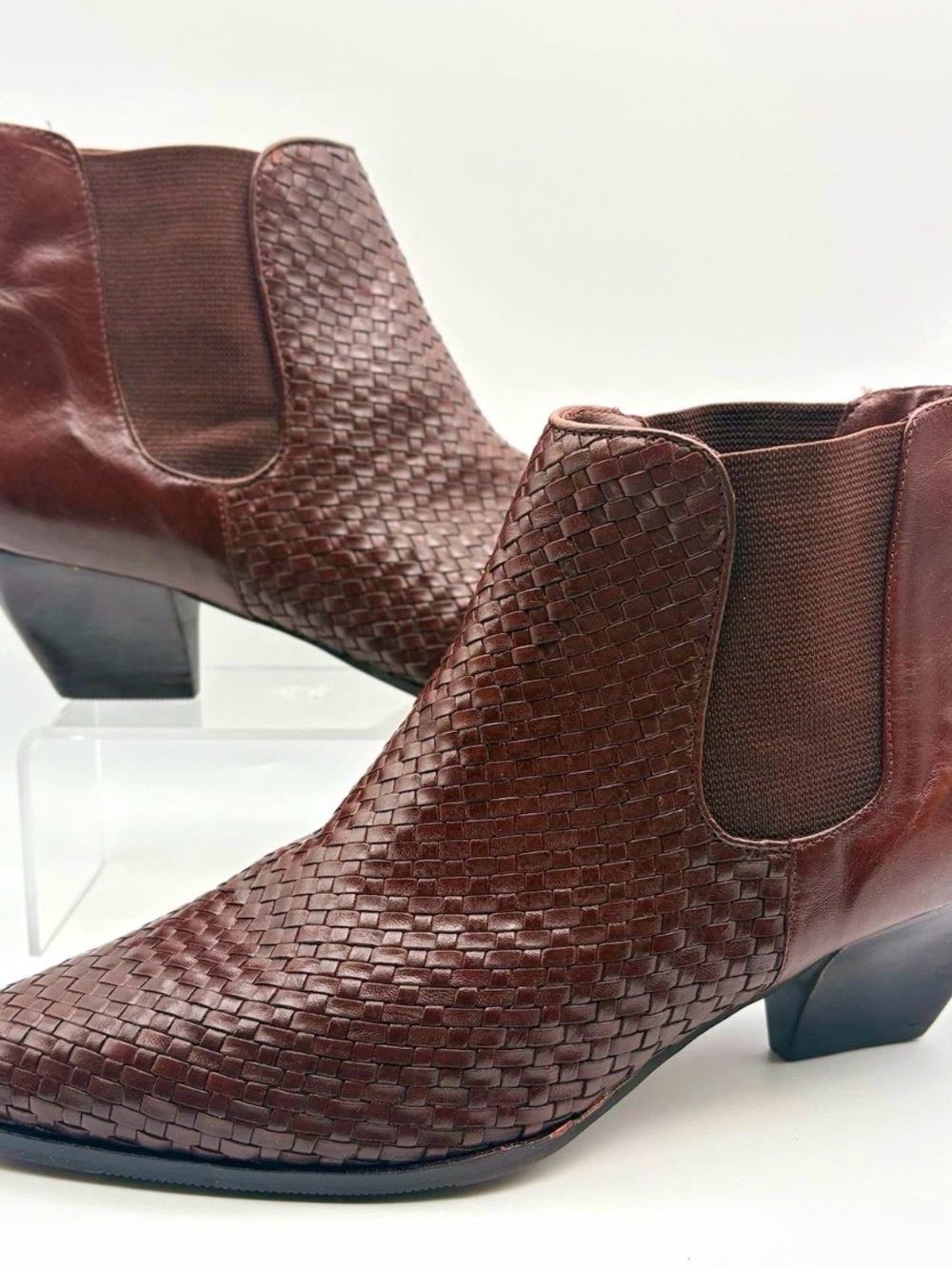 Valerie Stevens Woven Brown Leather Chelsea Booties